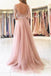 Elegant Half Sleeves Pink Tulle Long Lace Prom Dress with Slit DM607