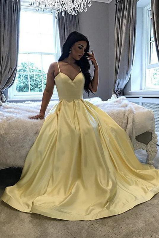 Yellow A Line Satin Long Prom Dresses Yellow Spaghetti Straps Evening Dress DMP069