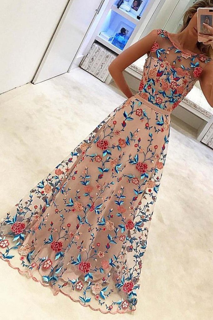 Unique Floral Embroidery Long A Line Prom Dress Evening Dress DM936