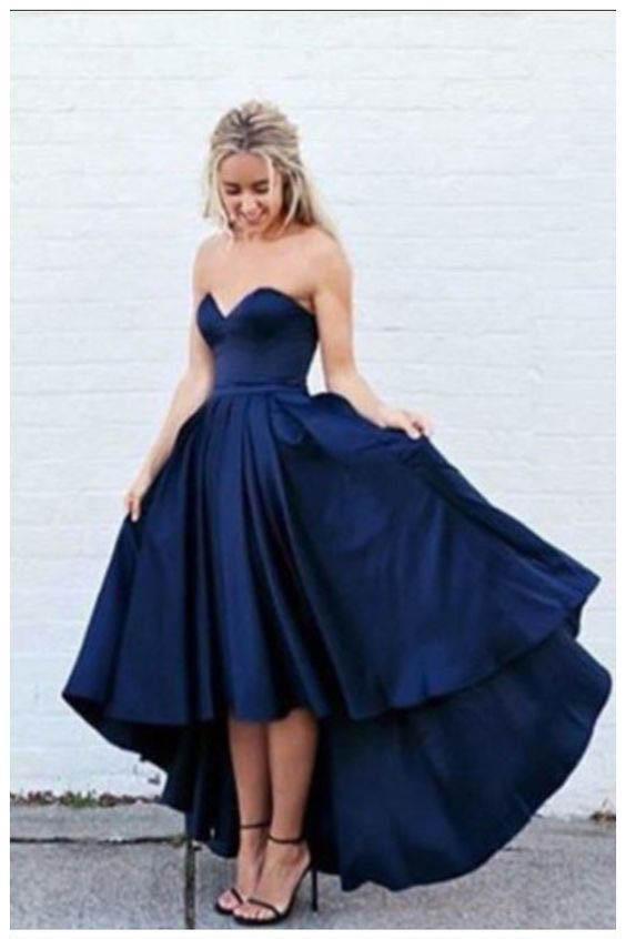 New Arrival Simple Sweetheart Strapless Dark Navy Blue High-low Prom Dress DM644