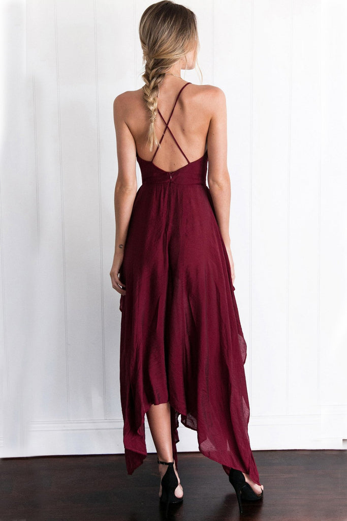 Chiffon Spaghetti Straps V Neck Cross Back Burgundy Assymetrical Hem Long Prom Evening Dress DM629