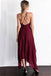 Chiffon Spaghetti Straps V Neck Cross Back Burgundy Assymetrical Hem Long Prom Evening Dress DM629