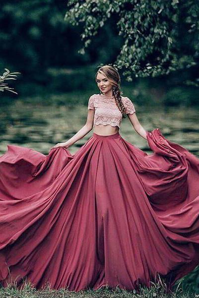 Charming Prom Dresses,Red Prom Dress,A-line Prom Gown,Short Sleeves Prom Dress,Lace Prom Dress,Scoop Prom Dress,Two Pieces Prom Dresses,Formal Evening Dress,Long Prom Dresses