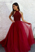 Burgundy Prom Dresses,Halter Prom Gown,Beaded Prom Dress,Tulle Prom Dress