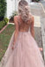 Luxurious Beaded V Neck Tulle Backless Sexy See Through Front Slit Pink Prom Dresses DM612