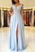 Light Blue Prom Dresses,Chiffon Prom Gown,Split Prom Dress,Appliques Prom Dress