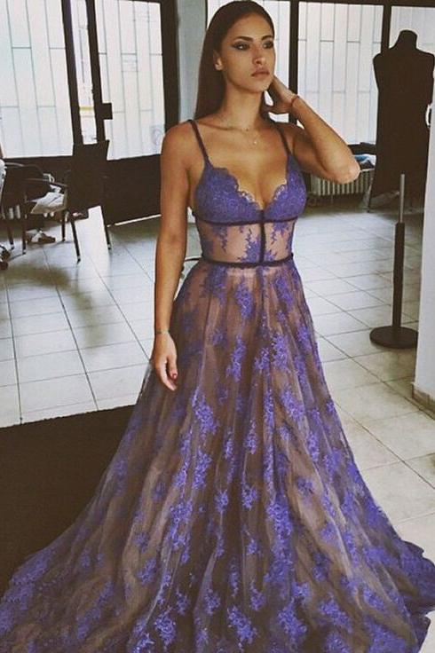 Purple Prom Dresses,Lace Prom Dress,Spaghetti Straps Evening Dress,Nude Lining Evening Dress,Long Evening Dresses