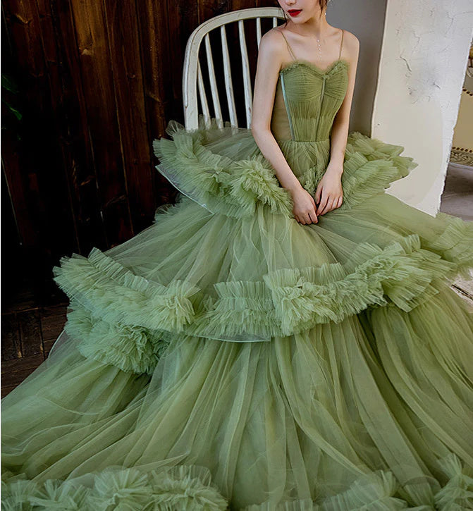 Princess Spaghetti Straps Green Tulle Long Ball Gown Prom Dress A line Tiered Formal Dress DMP230