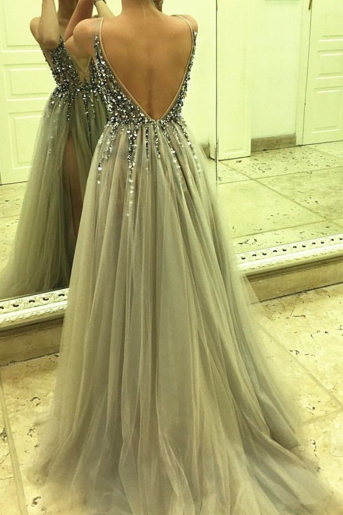 Sexy Side Split leeveless Tulle Evening Dress,Long Beading A Line Prom Dresses DM429