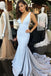 Elegant Mermaid Deep V-Neck Court Train Light Blue Prom Dress DM756