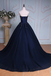 Navy Blue Ball Gown Court Train Sweetheart Strapless Appliques Prom Dress DM625