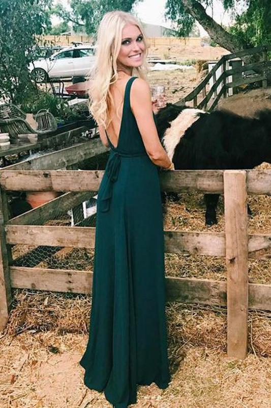 Charming A-Line V-Neck Spaghetti Straps Backless Floor-Length Dark Green Prom Dress DM758