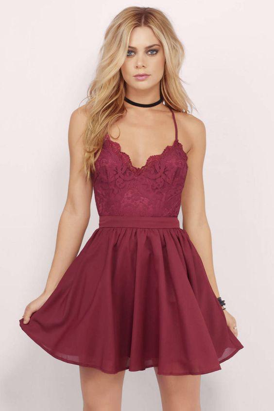 Cute V Neck Backless Burgundy Lace Short Prom Dress, Short Maroon Lace  Formal Graduation Homecoming Dress