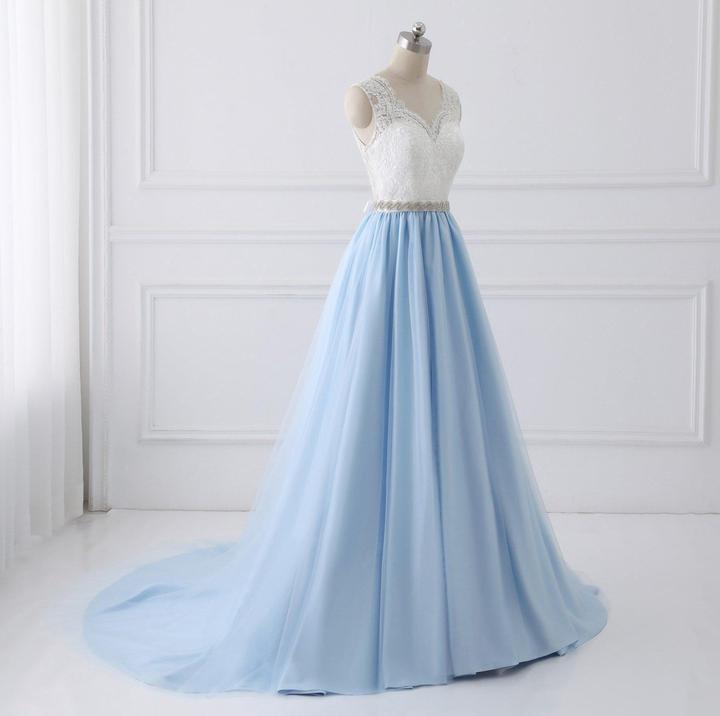 Sky Blue Long V Neck Evening Dress with Beaded Belt,Lace Top Long Prom Dress DM980