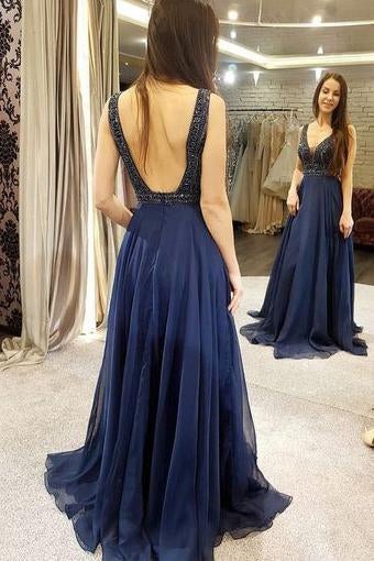 Sexy Low Cut Beading Chiffon Long Prom Dresses For Teens,Graduation Party Dresses DM939