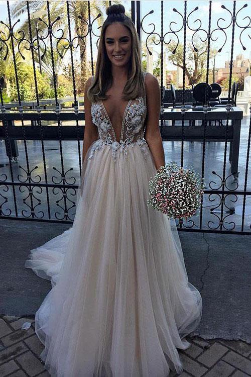 Sexy V Neck Tulle Long Prom Dress,Cheap Evening Dress DM683