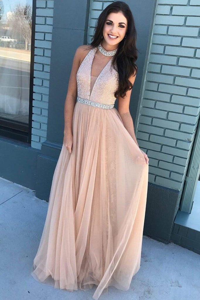 Pink Beaded Bodice High Neck Long Tulle Prom Dresses,A-Line Long Evening Dresses DM786